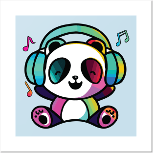 Happy Panda Bear with headphones Posters and Art